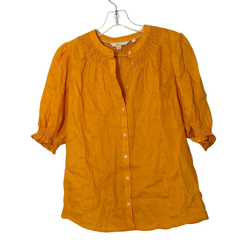Boden Ada Linen Top Orange Smocked Puff Sleeve Button Front - 2